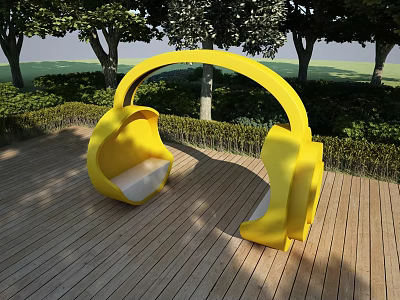 Yellow Headphone Shaped Outdoor Chair On Wooden Deck With Trees And Green Plants 3d model