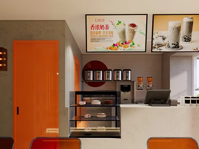 Modern Bubble Tea Shop Interior With Colorful Posters Orange Door Counter And Display Cabinet 3d model