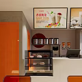 Modern Bubble Tea Shop Interior With Colorful Posters Orange Door Counter And Display Cabinet