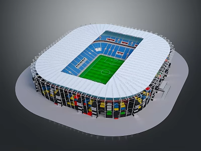 3D Model Of Modern Football Stadium With White Roof Green Pitch And Blue Stands 3d model