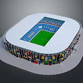 3D Model Of Modern Football Stadium With White Roof Green Pitch And Blue Stands