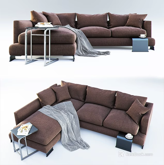 Brown Sectional Sofa with Gray Blanket Multiple Cushions and Side Table Setup 3d model