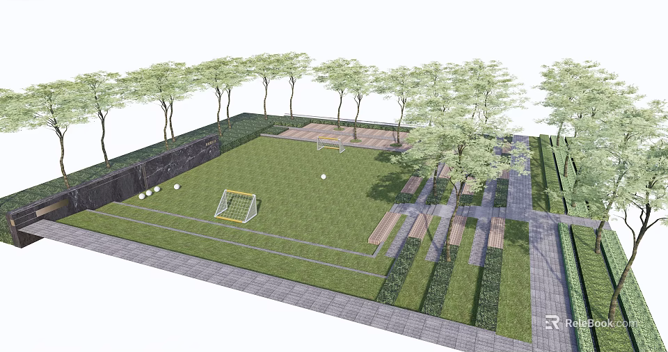 Lush Green Soccer Field With Goalposts Surrounding Trees Paved Pathways And Seating Areas 3d model 