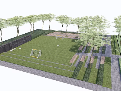 Lush Green Soccer Field With Goalposts Surrounding Trees Paved Pathways And Seating Areas 3d model