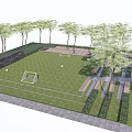 Lush Green Soccer Field With Goalposts Surrounding Trees Paved Pathways And Seating Areas