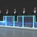 Modern Reception Desk Design With Illuminated Blue Light Strips And Professional Staff