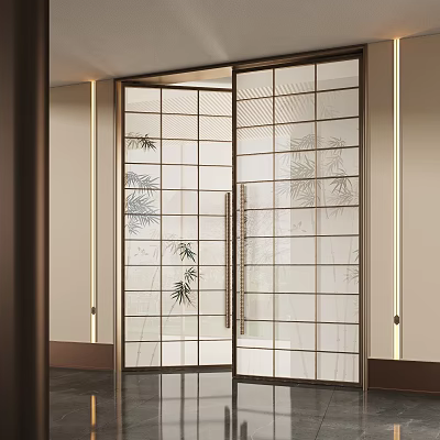 Elegant Double Doors With Glass Panels Bamboo Pattern And Metal Frame Modern Interior 3d model