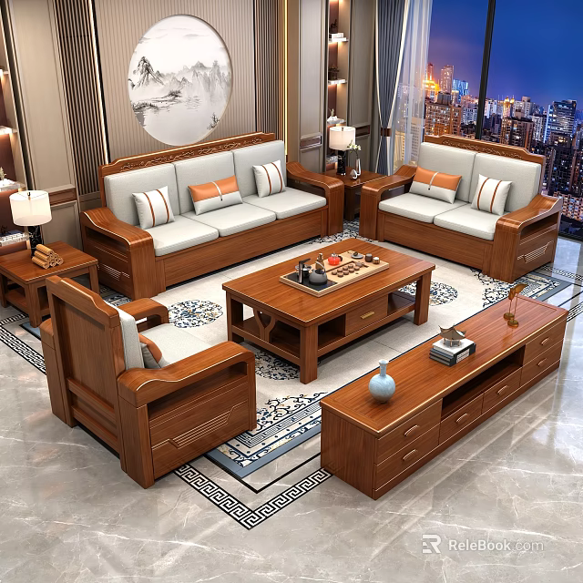 Elegant New Chinese Solid Wood Sofa And Coffee Table Combination For Comfortable Living Room 3d model 