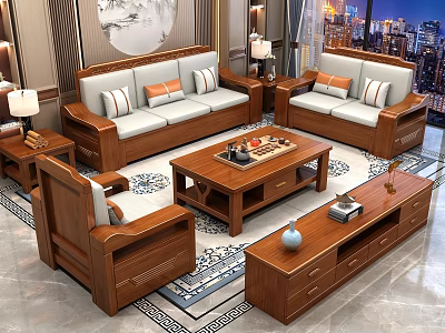 Elegant New Chinese Solid Wood Sofa And Coffee Table Combination For Comfortable Living Room 3d model