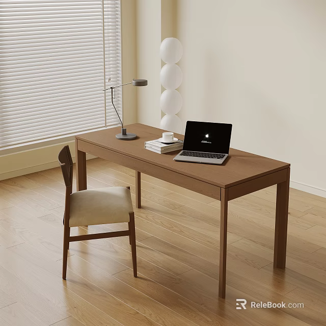 Wooden Desk with Laptop Books Table Lamp and Chair Near Window Blinds 3d model 