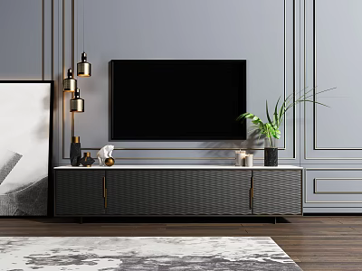 Modern TV Stand With Black Screen TV Green Plant And Decorative Items On Wooden Floor 3d model