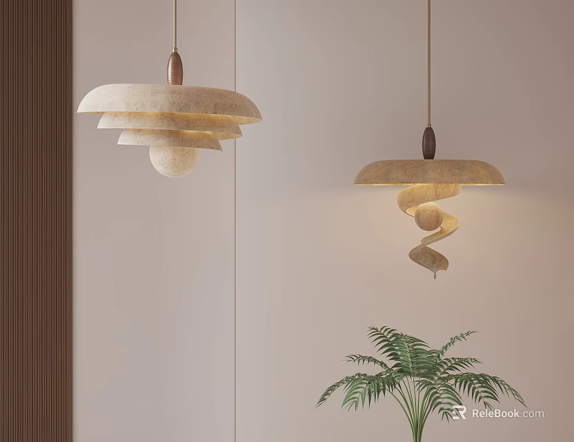 Modern Layered Spiral Pendant Lights With Linen Shade Wooden Detail And Green Plant 3d model 