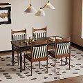 Wooden Frame Dining Table Set with Striped Chairs Pendant Lights and Patterned Rug 3d model