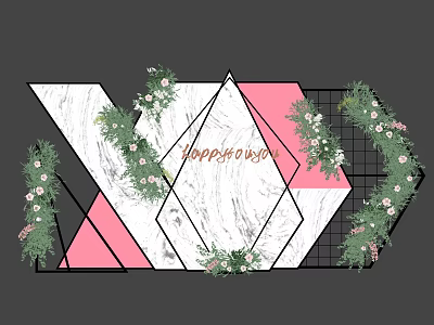 Floral Art Installation Featuring Geometric Shapes Marble Texture Pink Accents And Greenery 3d model