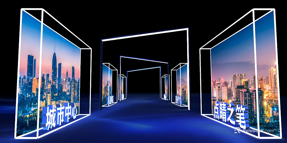 Modern Event Passage With Illuminated Frames And City Night View Screens 3d model 