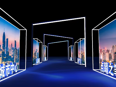 Modern Event Passage With Illuminated Frames And City Night View Screens 3d model