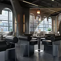 Modern Café Arched Architecture Gray Walls Hanging Lamps Green Plants Tables Chairs In Open Space