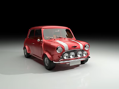 Classic Red Small Car Featuring White Stripes And Round Headlights Design 3d model