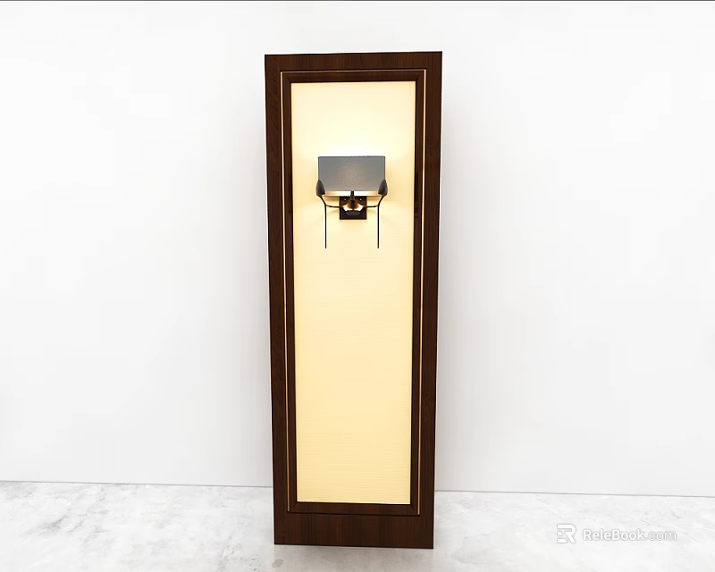 Wall Lamp Mounted On Wooden Framed Light Colored Panel With White Wall And Marble Floor 3d model 