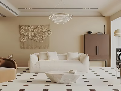 Modern Living Room With White Sofa Woven Wall Hanging Round Pendant Light And Geometric Rug 3d model
