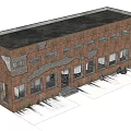 Red Brick Building Components Including Gray Roof Multiple Windows Entrance Steps And Weathered Walls