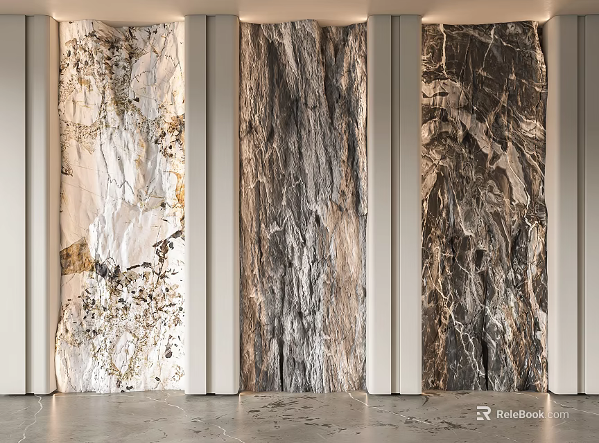 Elegant Marble Feature Wall Design With Textured Panels And White Columns 3d model 