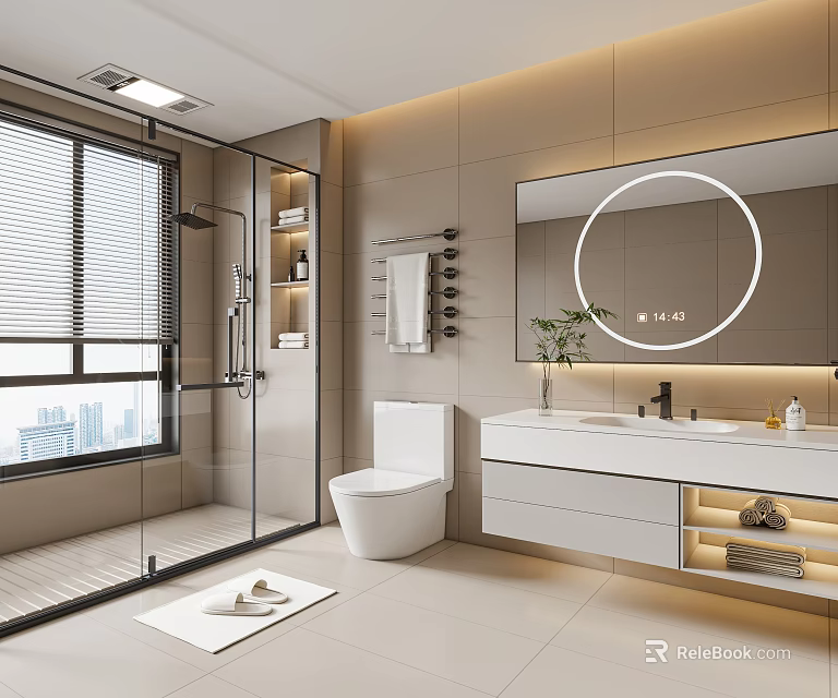 Modern Bathroom Interior With Glass Shower Toilet Round Mirror And White Vanity 3d model 