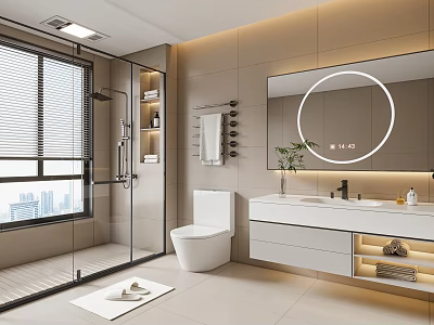 Modern Bathroom Interior With Glass Shower Toilet Round Mirror And White Vanity 3d model