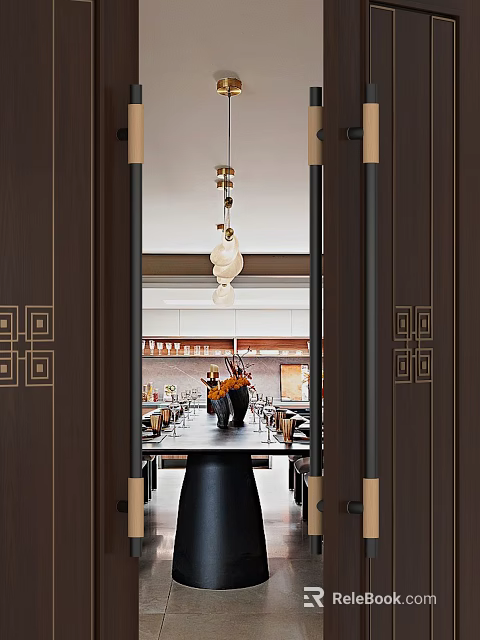 Elegant Chinese Style Door Handle With Golden Traditional Motif On Dark Wood Entrance To Restaurant 3d model 