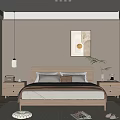 Minimalist Bedroom Interior With Wooden Bed Frame Nightstands Decorative Painting Pendant Light And Rug