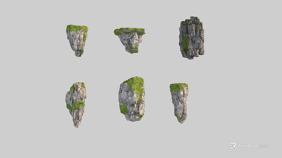 Various Natural Stone Wood Formations Covered With Green Moss And Vegetation 3d model 