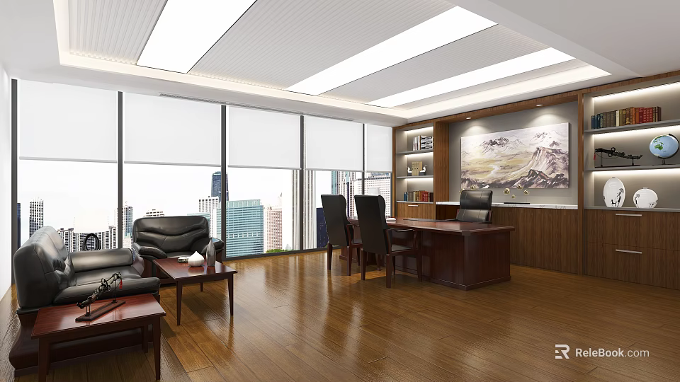 Spacious Modern Office Interior With Large Windows Wooden Flooring Desk Sofa And Landscape Painting 3d model 