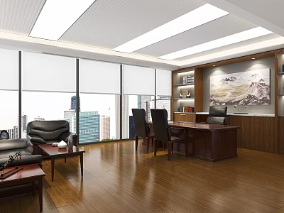 Spacious Modern Office Interior With Large Windows Wooden Flooring Desk Sofa And Landscape Painting 3d model