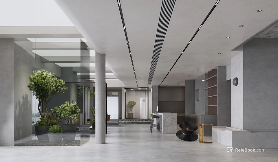 Modern Beauty Hairdressing Salon Interior With Glass Walls Green Plants Gray Columns And Reception Desk 3d model 