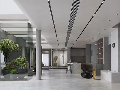 Modern Beauty Hairdressing Salon Interior With Glass Walls Green Plants Gray Columns And Reception Desk 3d model