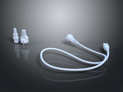 White Electrical Plugs Sockets And Power Cable On Dark Reflective Background 3d model