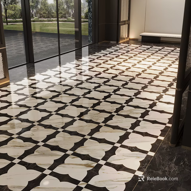 Marble Floor Tiles With Black And White Geometric Pattern In Elegant Interior 3d model 