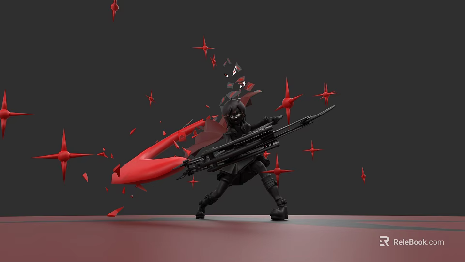 Game Movie Character in Dynamic Combat Stance with Large Rifle and Red Star Shapes 3d model 