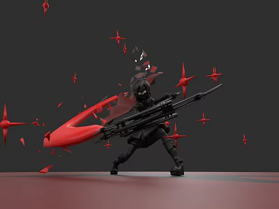 Game Movie Character in Dynamic Combat Stance with Large Rifle and Red Star Shapes 3d model