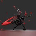Game Movie Character in Dynamic Combat Stance with Large Rifle and Red Star Shapes