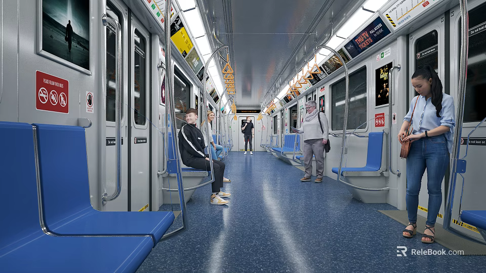 Modern Subway Car Interior Featuring Blue Seats Passengers Sitting Standing And Advertisement Posters 3d model