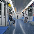 Modern Subway Car Interior Featuring Blue Seats Passengers Sitting Standing And Advertisement Posters 3d model