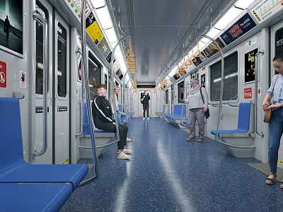 Modern Subway Car Interior Featuring Blue Seats Passengers Sitting Standing And Advertisement Posters 3d model