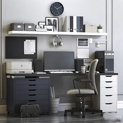 Organized Office Desk With Computer Monitor Keyboard White Shelf File Boxes Headphones And Potted Plant 3d model