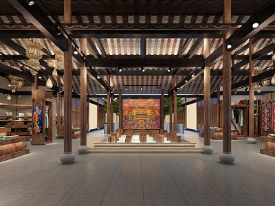 Traditional Style Store Interior With Wooden Beams Decorative Painting And Display Areas 3d model