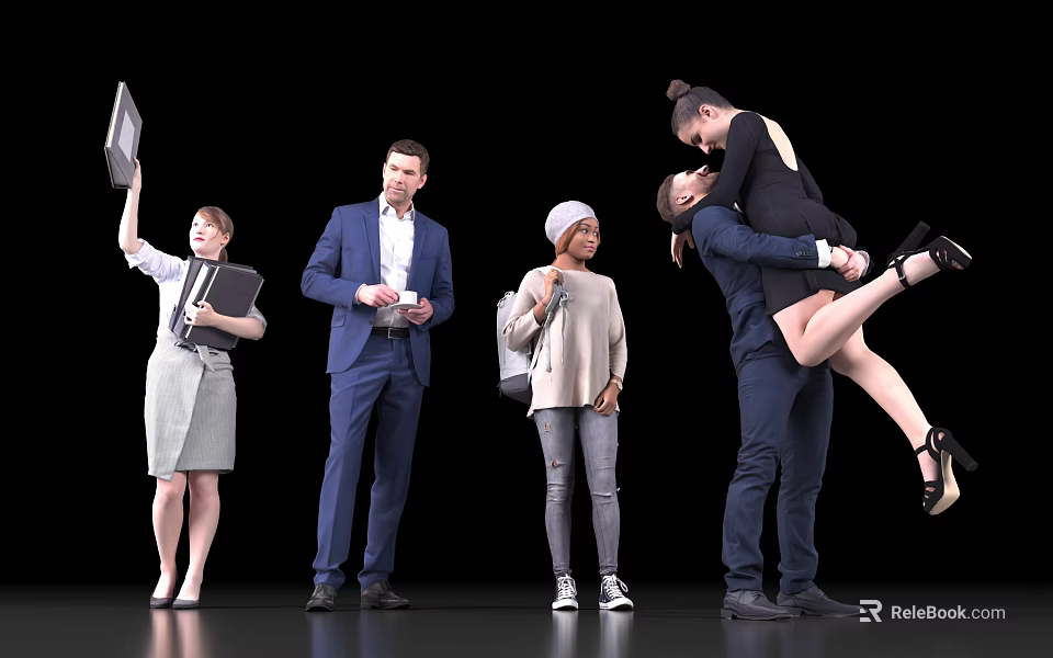 Group of People Holding Laptop Files Phone And Hugging In Black Background 3d model 