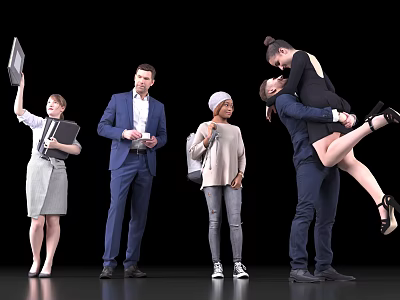 Group of People Holding Laptop Files Phone And Hugging In Black Background 3d model