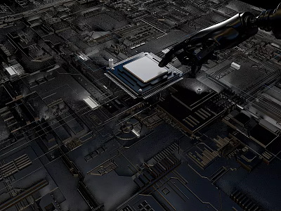 Black Mechanical Hand Placing CPU Processor On Computer Circuit Board With Tech Components 3d model