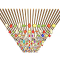 Colorful Hanging Lanterns with Various Colors Shapes and Floor Reflection on Black Background