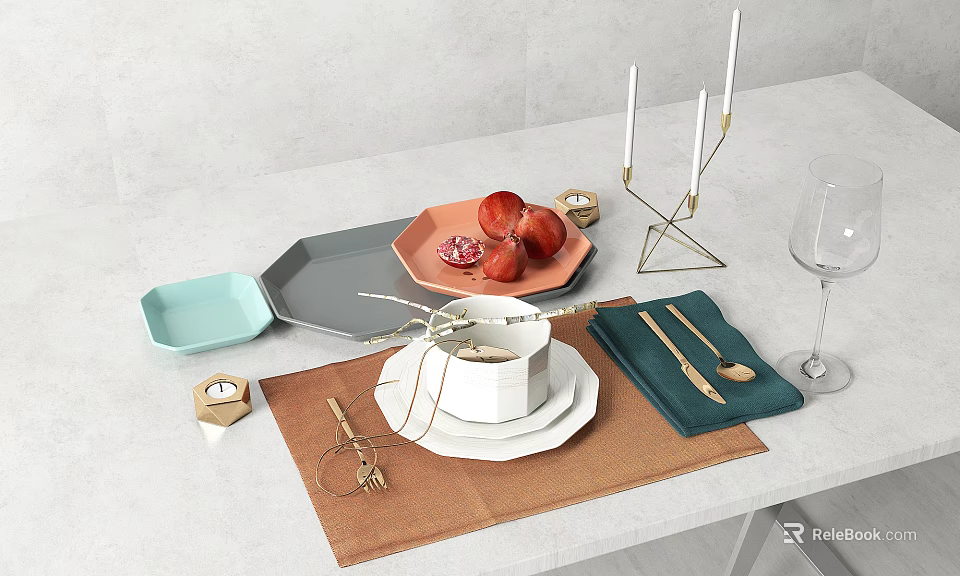 Modern Multicolor Dinnerware Set With Plates Bowl Napkins Cutlery And Wine Glass On White Tabletop 3d model 